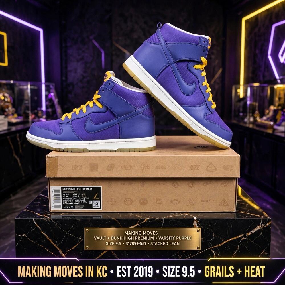 Size 9.5 - Nike Dunk High Premium Varsity Purple 317891-551 Yellow Laces 2009